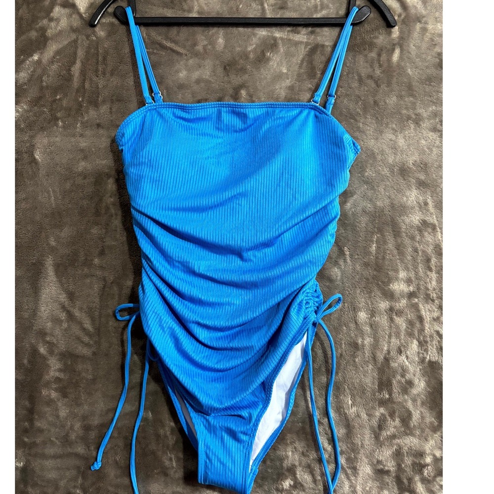 Womens Ribbed Ruched Swimsuit One Piece Small Royal Blue Tie Side Cutout Back‎